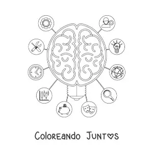 Imagen para colorear de un cerebro rodeado de símbolos que representan el pensamiento, las emociones y la inteligencia