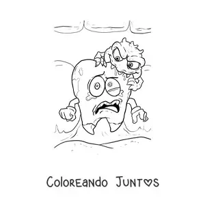 Imagen para colorear de un diente animado asustado porque tiene caries