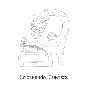 Imagen para colorear de una jirafa animada leyendo un libro junto a unos pájaros