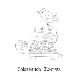 Imagen para colorear de una tortuga animada llevando una pila de libros sobre el caparazón