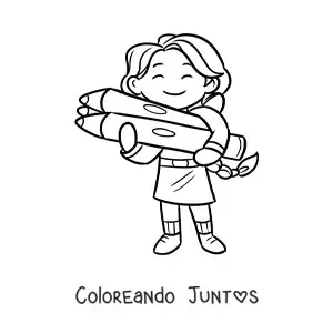 Imagen para colorear de una niña kawaii sosteniendo tres lápices de colores gigantes