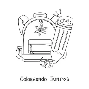 Imagen para colorear de un lápiz kawaii animado junto a una mochila escolar