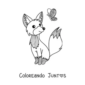 Imagen para colorear de un zorro animado sentado mirando una mariposa