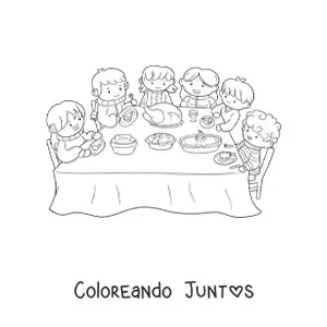 Imagen para colorear de una familia cenando en una mesa con un mantel