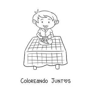 Imagen para colorear de un niño comiendo pizza en una mesa con un mantel de cuadros