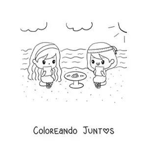 Imagen para colorear de dos niñas kawaii merendando en una mesa redonda