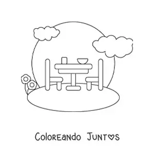Imagen para colorear de una mesa con sillas en un jardín