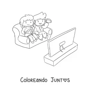 Imagen para colorear de dos niños viendo un partido de fútbol sentados en un sillón