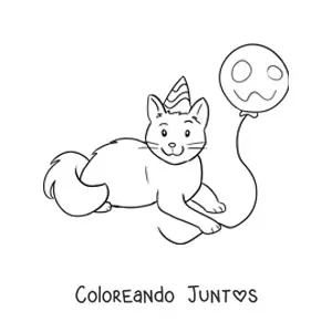 Imagen para colorear de un gato kawaii con un globo de fiesta