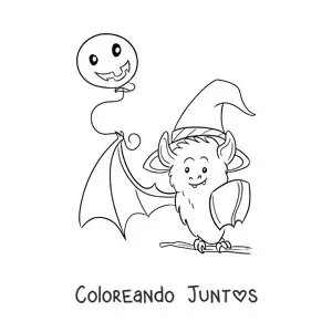 Imagen para colorear de un murciélago kawaii con un globo de Halloween