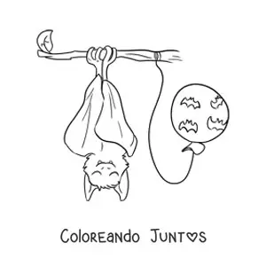 Imagen para colorear de un murciélago kawaii durmiendo junto a un globo de Halloween