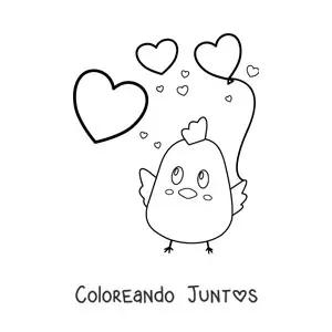 Imagen para colorear de un pollito kawaii con globos de corazones
