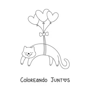 Imagen para colorear de un gato animado amarrado a tres globos de corazones