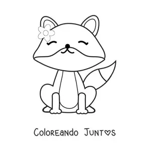 Imagen para colorear de un zorro kawaii animado sentado con una flor en su cabeza