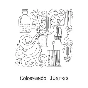 Imagen para colorear de recipientes y frascos con químicos reaccionando al mezclarse