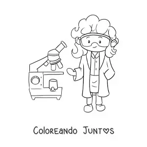 Imagen para colorear de un científico kawaii con microscopio