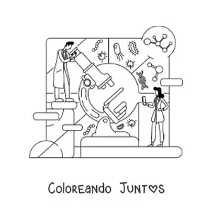 Imagen para colorear de dos científicos y un microscopio