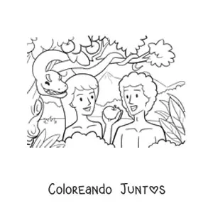 Imagen para colorear de una manzana como el fruto prohibido del génesis, con adán y eva