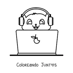 Imagen para colorear de un gato kawaii con una computadora portátil