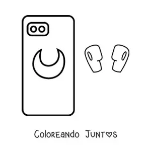 Imagen para colorear de un teléfono con un dibujo de la luna y unos audífonos inalámbricos