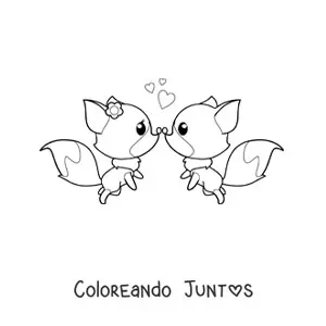 Imagen para colorear de una pareja de zorros kawaii animados uniendo sus narices