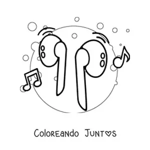 Imagen para colorear de unos audífonos inalámbricos con notas musicales