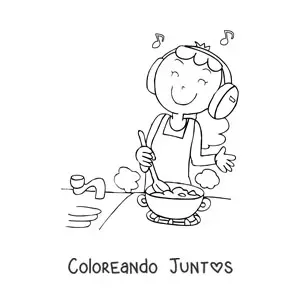 Imagen para colorear de una mujer cocinando mientras escucha música