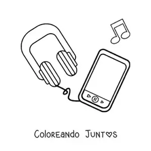 Imagen para colorear de un smartphone con audífonos y notas musicales