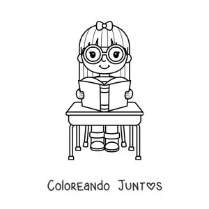 Imagen para colorear de una niña kawaii leyendo un libro en un pupitre