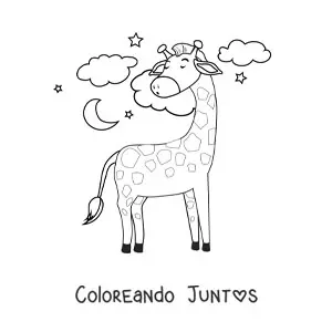 Imagen para colorear de una jirafa animada durmiendo de pie junto a la luna y unas nubes