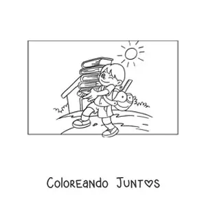 Imagen para colorear de un niño cargando libros para hacer la tarea