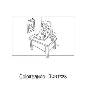 Imagen para colorear de un niño sentado en un pupitre haciendo tarea