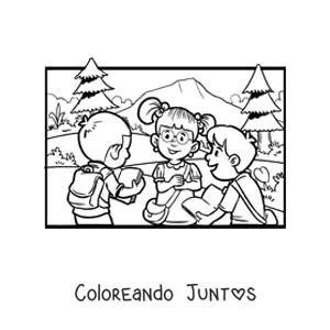 Imagen para colorear de tres niños en el patio de la escuela