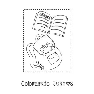 Imagen para colorear de una mochila escolar kawaii con un cuaderno