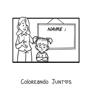 Imagen para colorear de una maestra y una alumna junto a una pizarra
