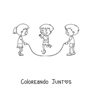 Imagen para colorear de tres niños saltando la cuerda