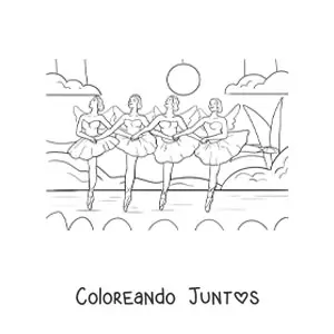 Imagen para colorear de un conjunto de bailarinas en el escenario