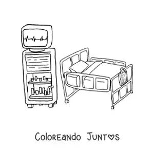 Imagen para colorear de una cama de hospital y equipo médico