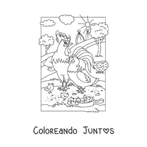 Imagen para colorear de una gallina con un gallo y pollitos animados en la granja