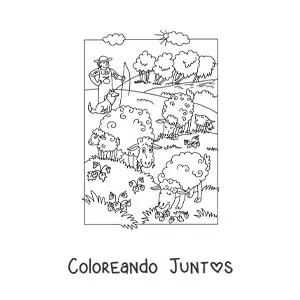 Imagen para colorear de un pastor junto a sus ovejas pastando