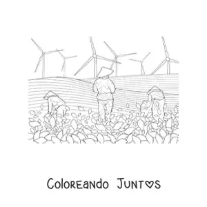 Imagen para colorear de un campo de cultivo de arroz