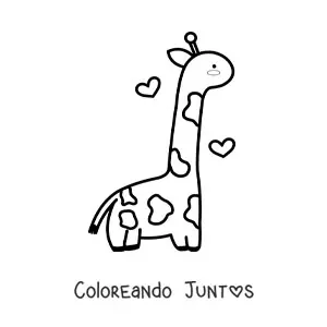 Imagen para colorear de una jirafa kawaii de perfil con corazones flotando