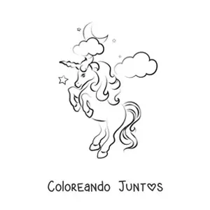 Imagen para colorear de un unicornio animado en dos patas, con estrellas, nubes y la luna de fondo