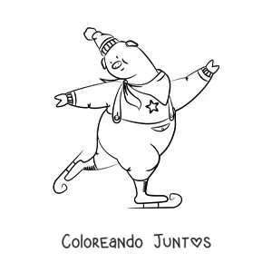 Imagen para colorear de un cerdo animado patinando sobre hielo