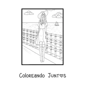 Imagen para colorear de una chica con un sombrero de verano