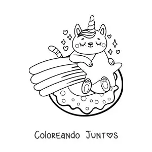 Imagen para colorear de un gato unicornio en estrella fugaz