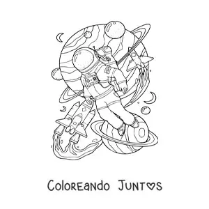 Imagen para colorear de un astronauta junto a planetas en el espacio
