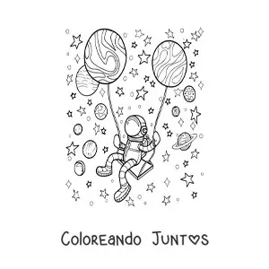 Imagen para colorear de un astronauta flotando en el espacio con globos de planetas