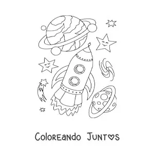 Imagen para colorear de un cohete y varios planetas