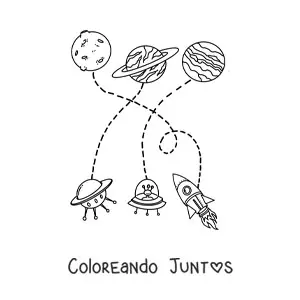 Imagen para colorear de tres planetas y tres naves espaciales